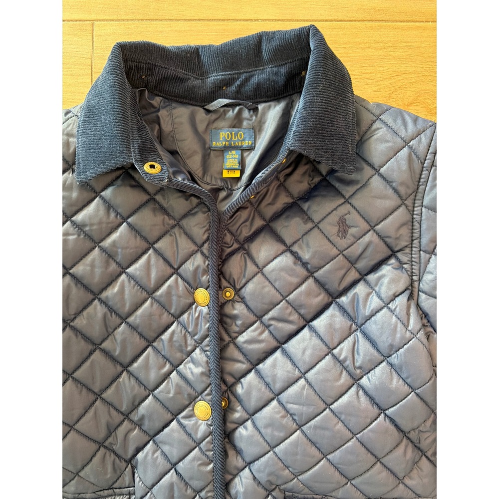 Polo Ralph Lauren Kids Navy Blue Quilted Barn Jacket Corduroy Collar L 12-14 - Picture 2 of 7